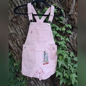 LEVIS Girls Sz 8 Reg Pink Denim Shortalls Coveralls Overalls Cotton/elastane Nwt